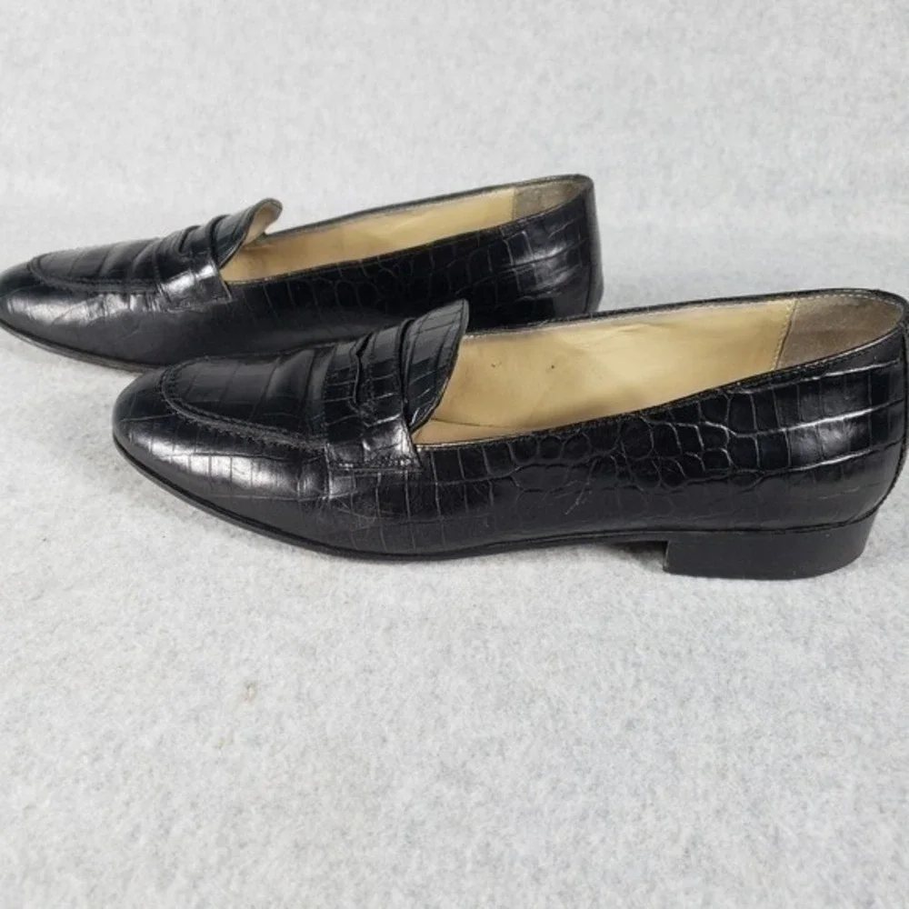 Talbots Womens Loafers Size 9 Black Croc Embossed Leather Stacked Heel Flats‎